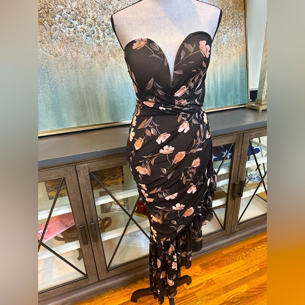 Black Strapless Floral Dress